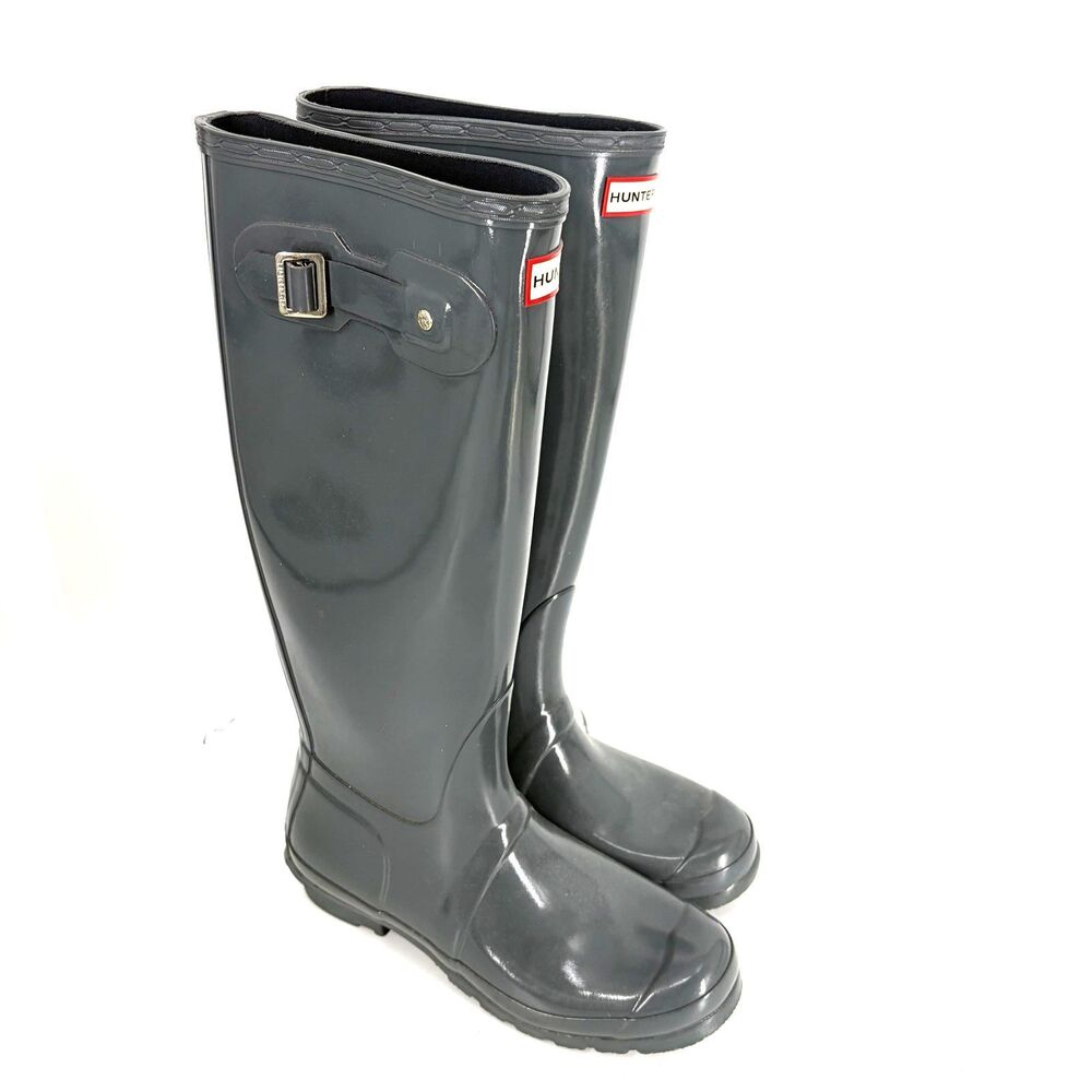 Hunter Original Tall Gloss Rain Boots 9 US Womens Gray Waterproof Rubber Wellies - Picture 1 of 8